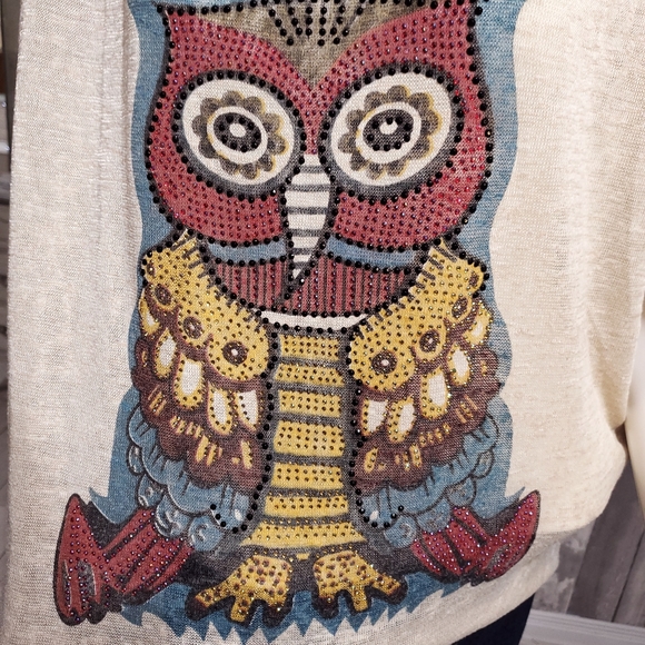 Cream Knit Owl Rhinestone Tee-Shirt Women's Medium - Picture 2 of 5